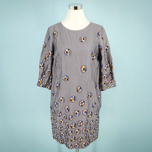 Marimekko 38 Size Medium M Gray Print Crew Neck Short Elbow Sleeve Cotton Dress